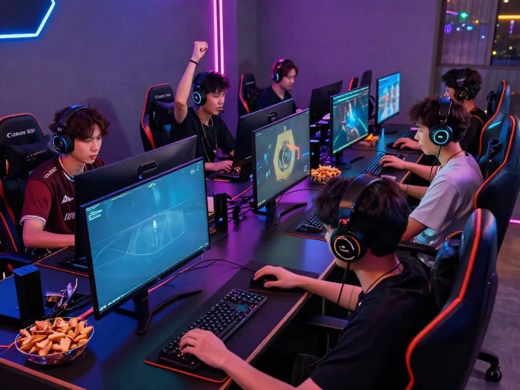 Exciting gaming lounge scene showcasing friends playing at https://manclub1.jp.net/ with modern equipment and vibrant atmosphere.