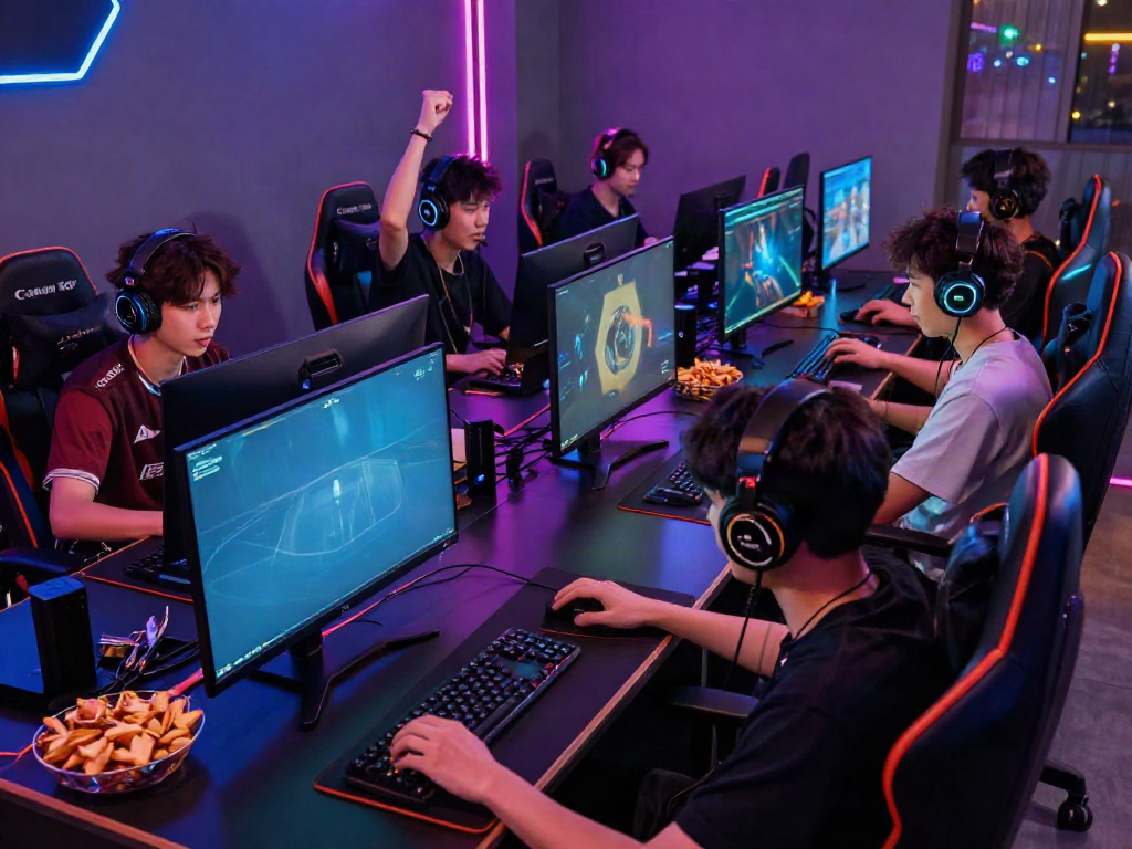 Exciting gaming lounge scene showcasing friends playing at https://manclub1.jp.net/ with modern equipment and vibrant atmosphere.