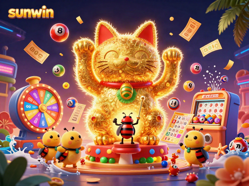 Experience excitement with sunwin's vibrant golden lucky cat waving amidst colorful casino symbols.
