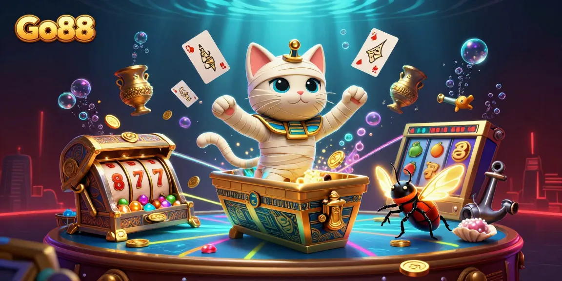 Engage with Go88's thrilling dynamics featuring a mummy cat and scarab amidst vibrant casino elements.