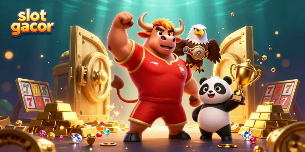 Experience slot gacor fun with a dynamic 3D scene featuring a cartoon bull, eagle, and panda amidst golden treasures.