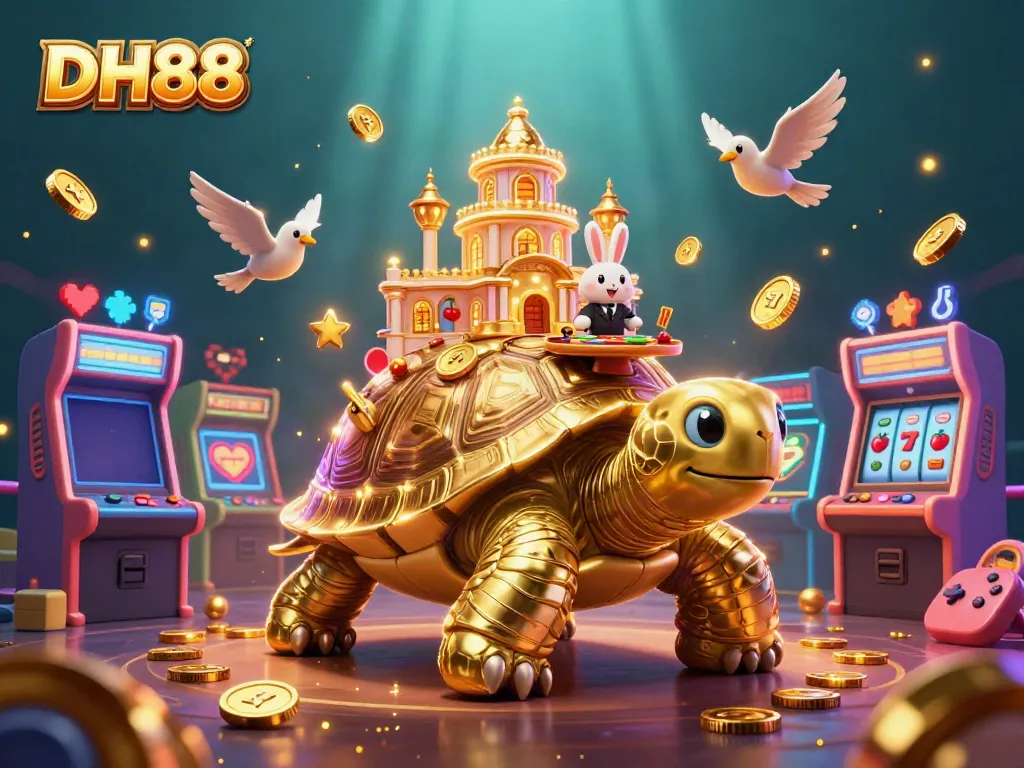 Experience the exciting DH88 casino adventure with a tortoise palace and a rabbit dealer amidst vivid gaming elements.