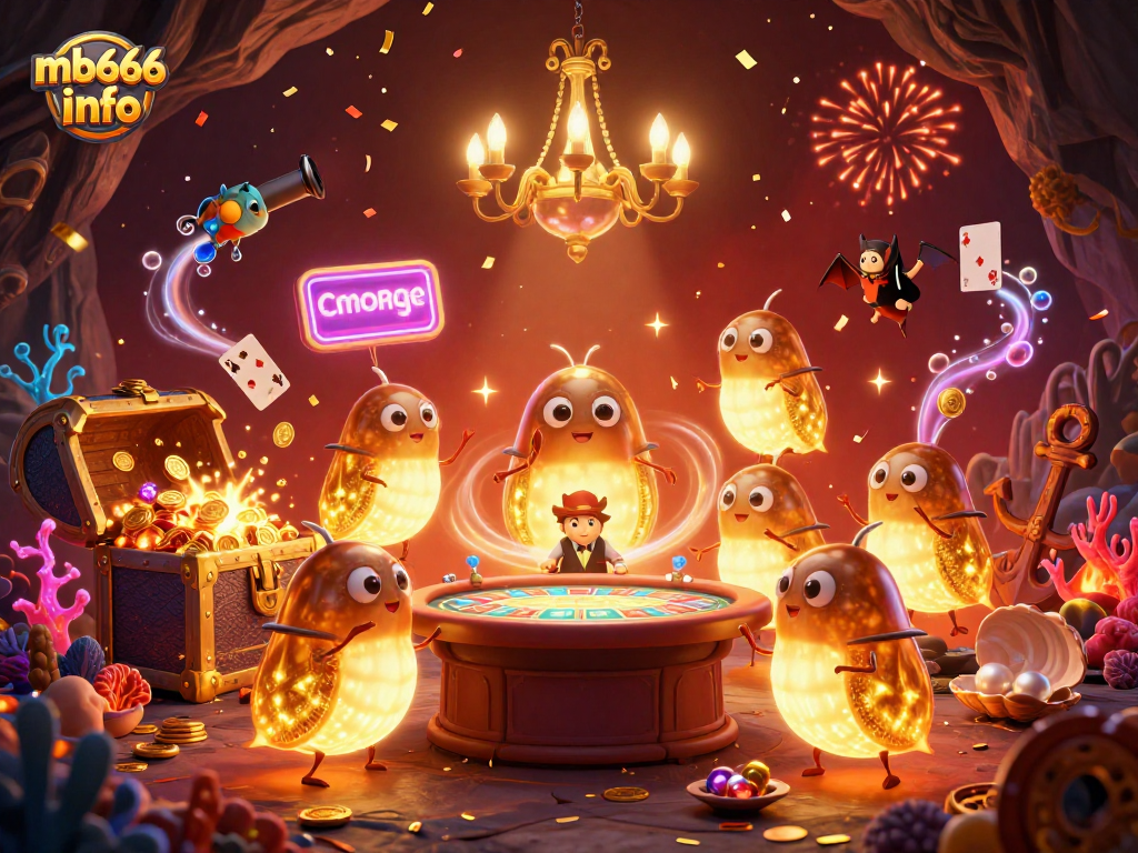 Join the excitement at mb666 info as glowworms illuminate a vibrant casino scene!