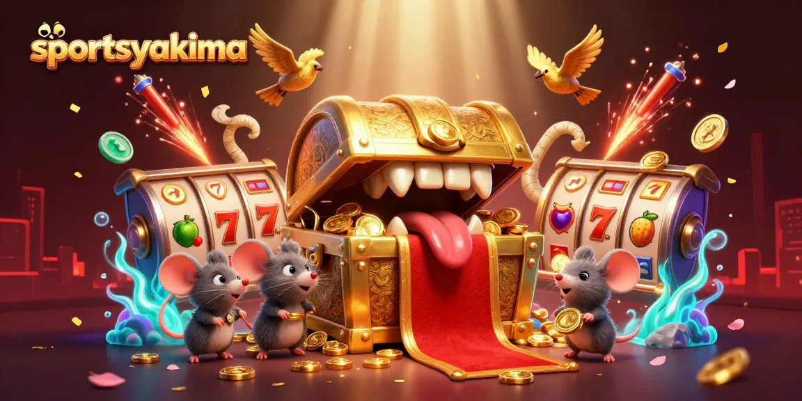 Engage with sportsyakima casino action, featuring a dynamic treasure chest and slot reels bursting with colorful symbols.