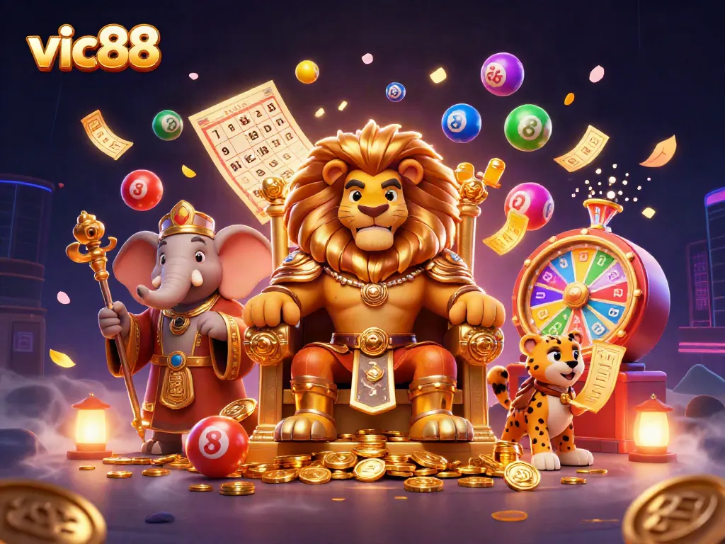 Experience vic88 gaming with a fierce lion king and colorful lottery elements in a dynamic casino scene.
