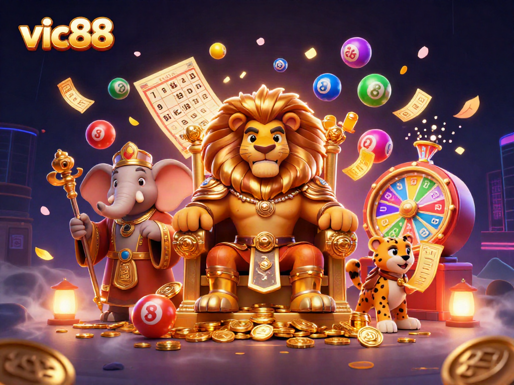 Experience vic88 gaming with a fierce lion king and colorful lottery elements in a dynamic casino scene.