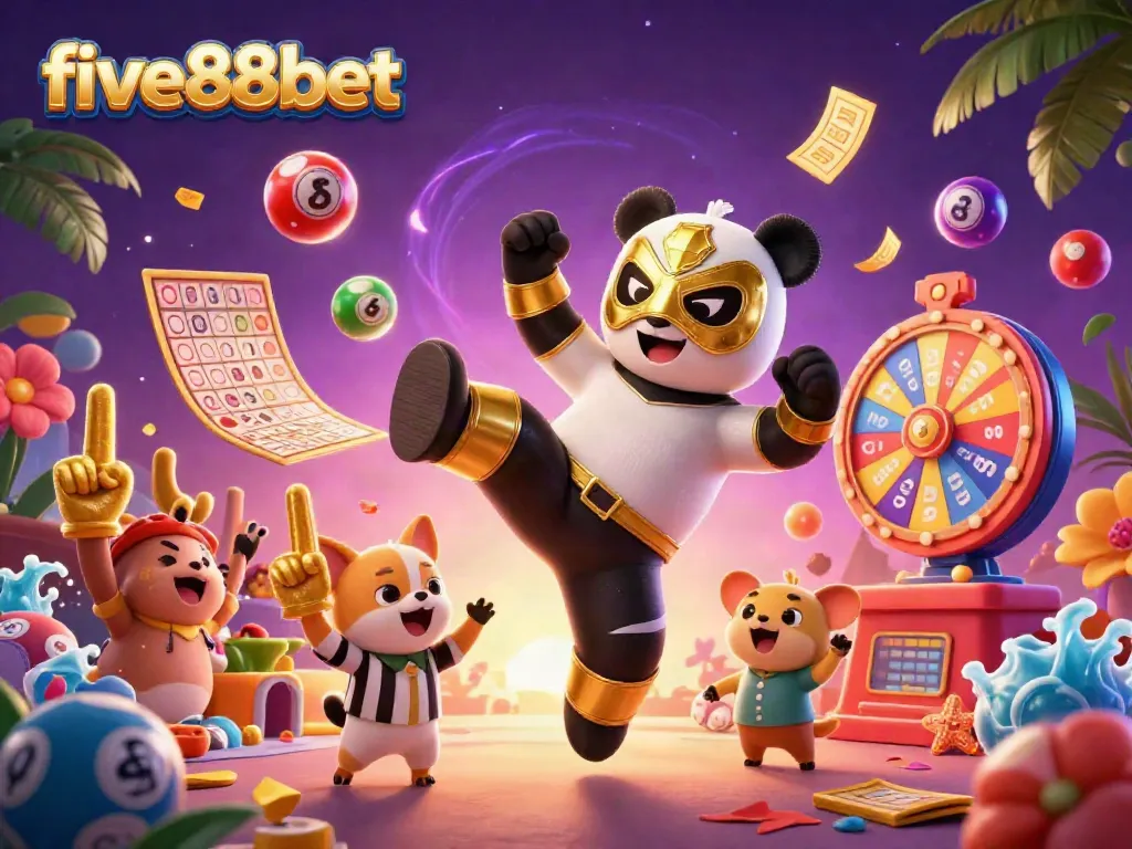 Exciting five88bet scene featuring a panda wrestler and cheering animals amidst colorful lottery elements.