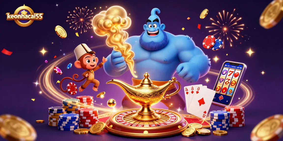 Engage with keonhacai55's thrilling casino action featuring a mystical genie and exciting gambling elements.