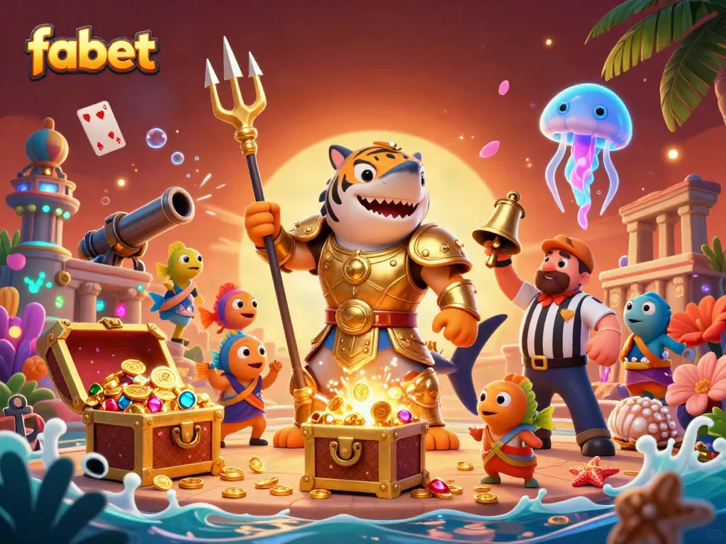 Experience the excitement of fabet with a vibrant underwater casino illustration featuring a gladiator shark.