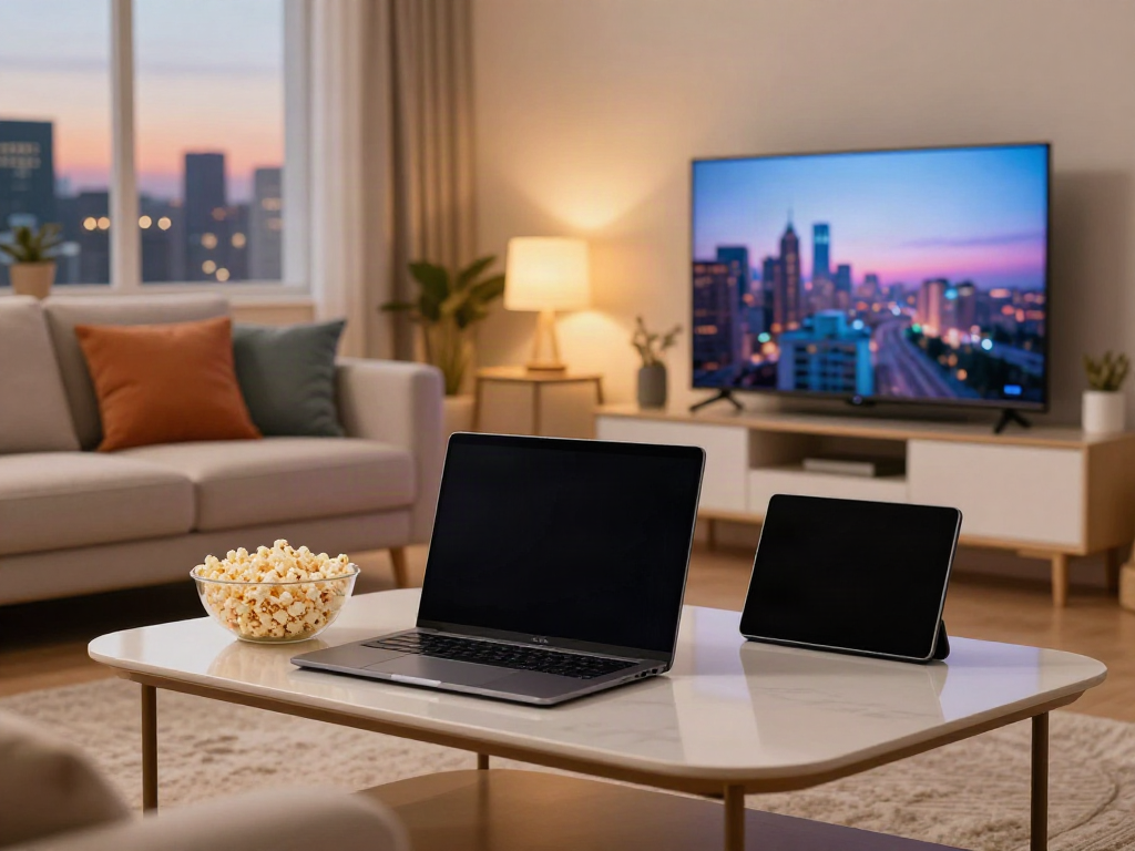 Home streaming on multiple devices at https://pickashowapk.com/ with vibrant living room atmosphere.