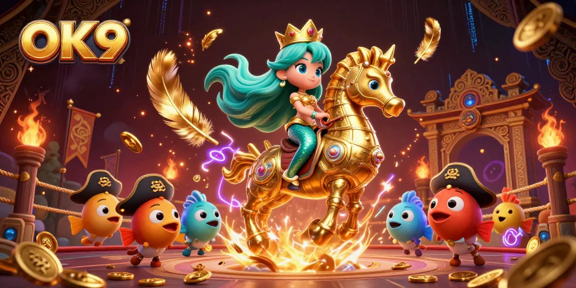 Experience the excitement of O K 9 with colorful characters and dynamic casino elements in a vibrant scene.