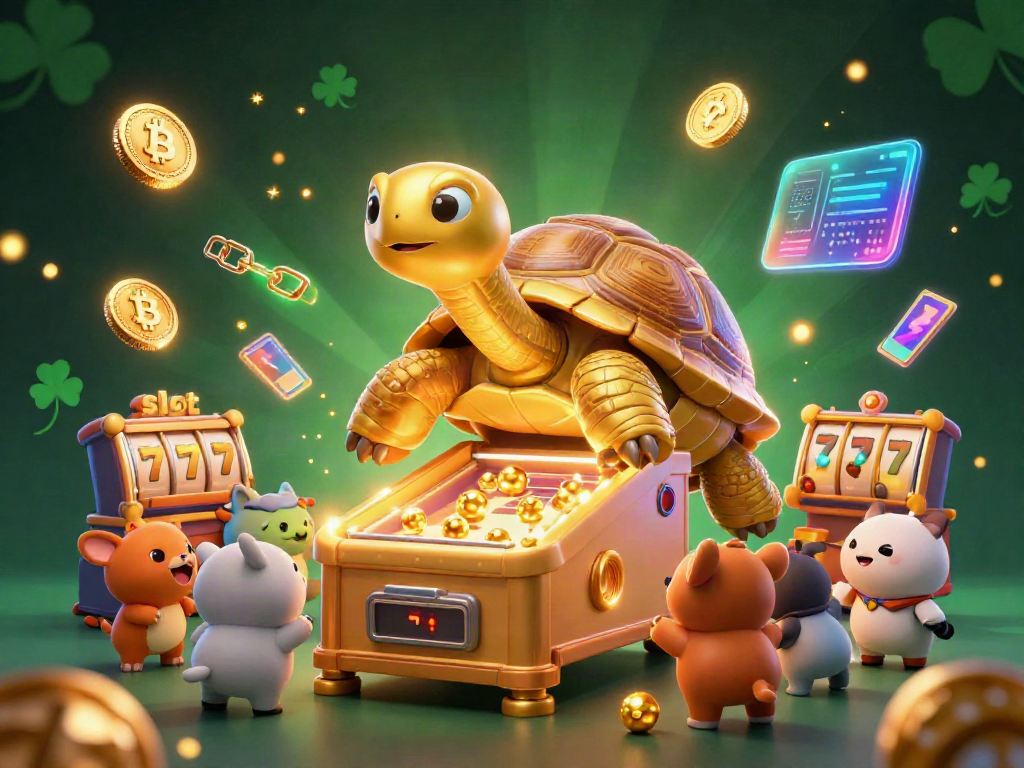 Experience thrilling slot adventures with a vibrant, 3D illustration showcasing a colossal golden tortoise and eager players.