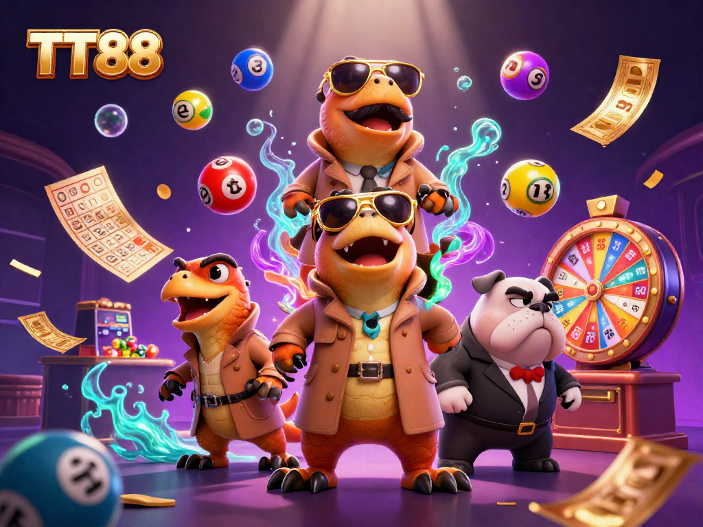 Engage in epic gaming action at TT88 with lottery balls, bingo cards, and prize wheels amidst colorful casino vibes.