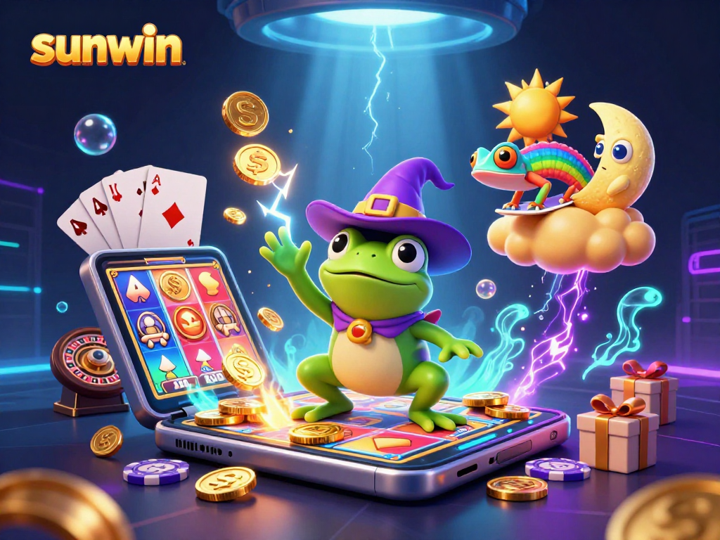 Engage with sunwin as a 3D wizard frog creates a golden coin storm amidst vibrant casino elements.
