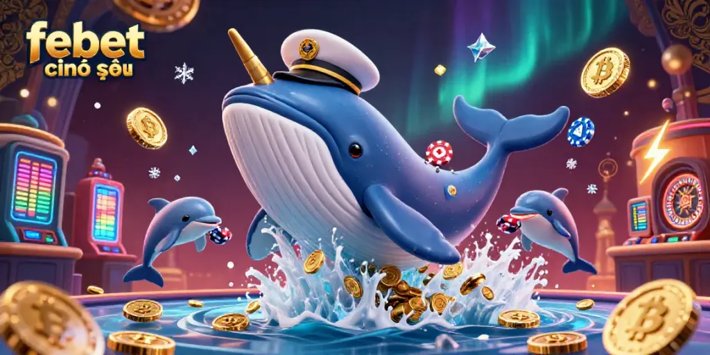 Experience the excitement of febet chính thức in a vibrant scene with a majestic whale, playful dolphins, and crypto elements.