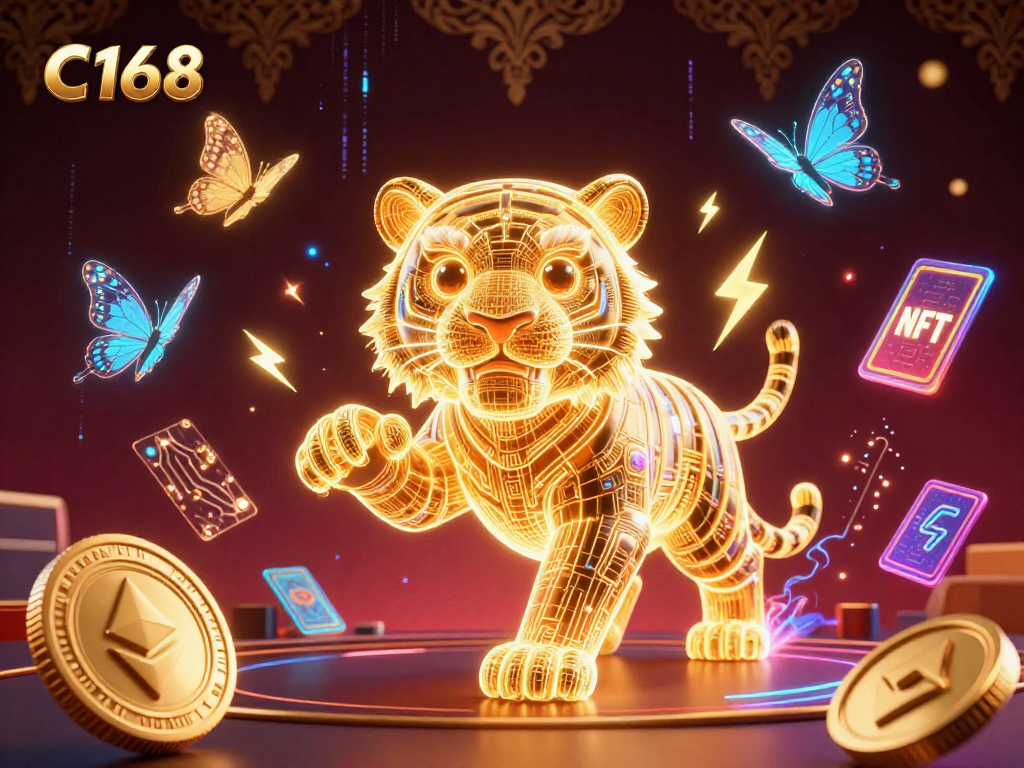 C168 tiger prowls through a vibrant digital casino with neon elements and cryptocurrency imagery.